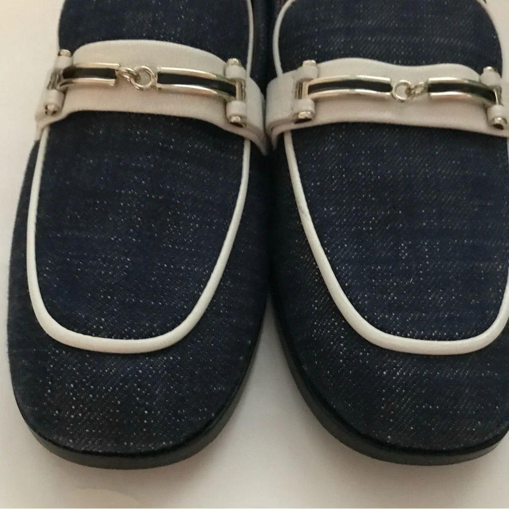 Newbark Melanie White Leather Trimmed Dark Navy Denim Loafers Size 7